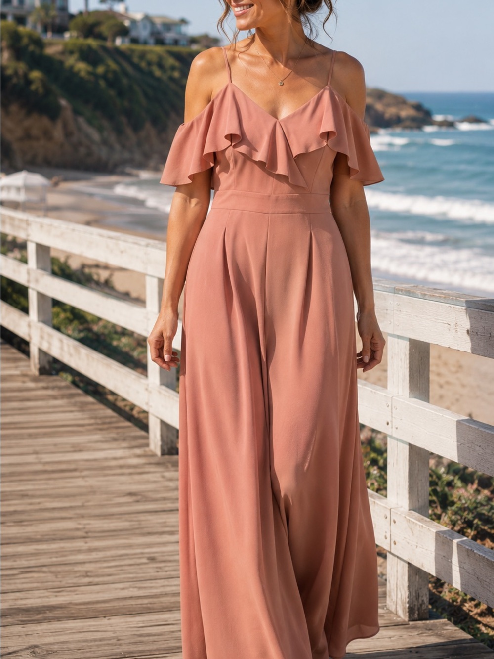 Dusty Rose Cold-Shoulder Ruffle Wide-Leg Jumpsuit – Size 12